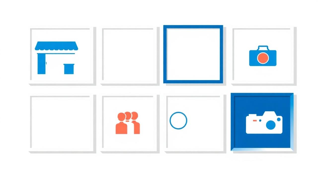Grid of business photos: storefront, interior, team, and products